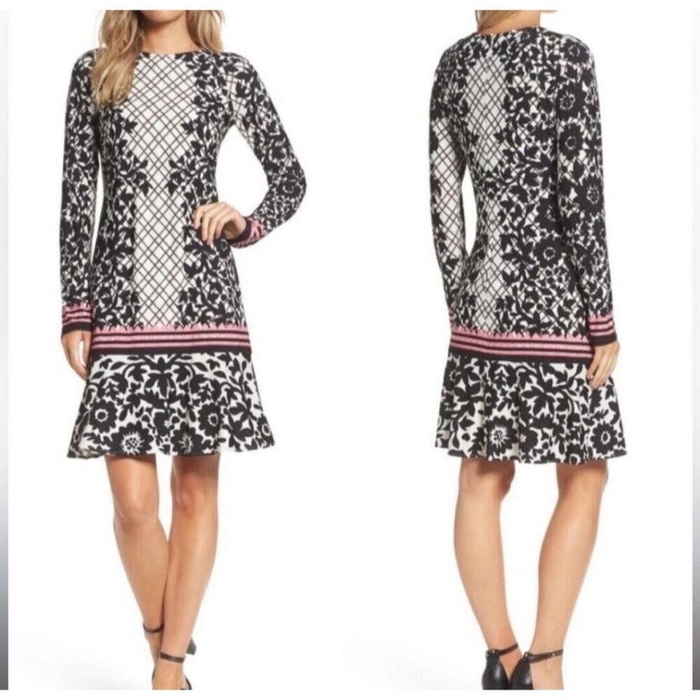 Eliza J Floral Geo Grid Striped Dress Women Sz 16W Lined Long Sleeve Back Zip